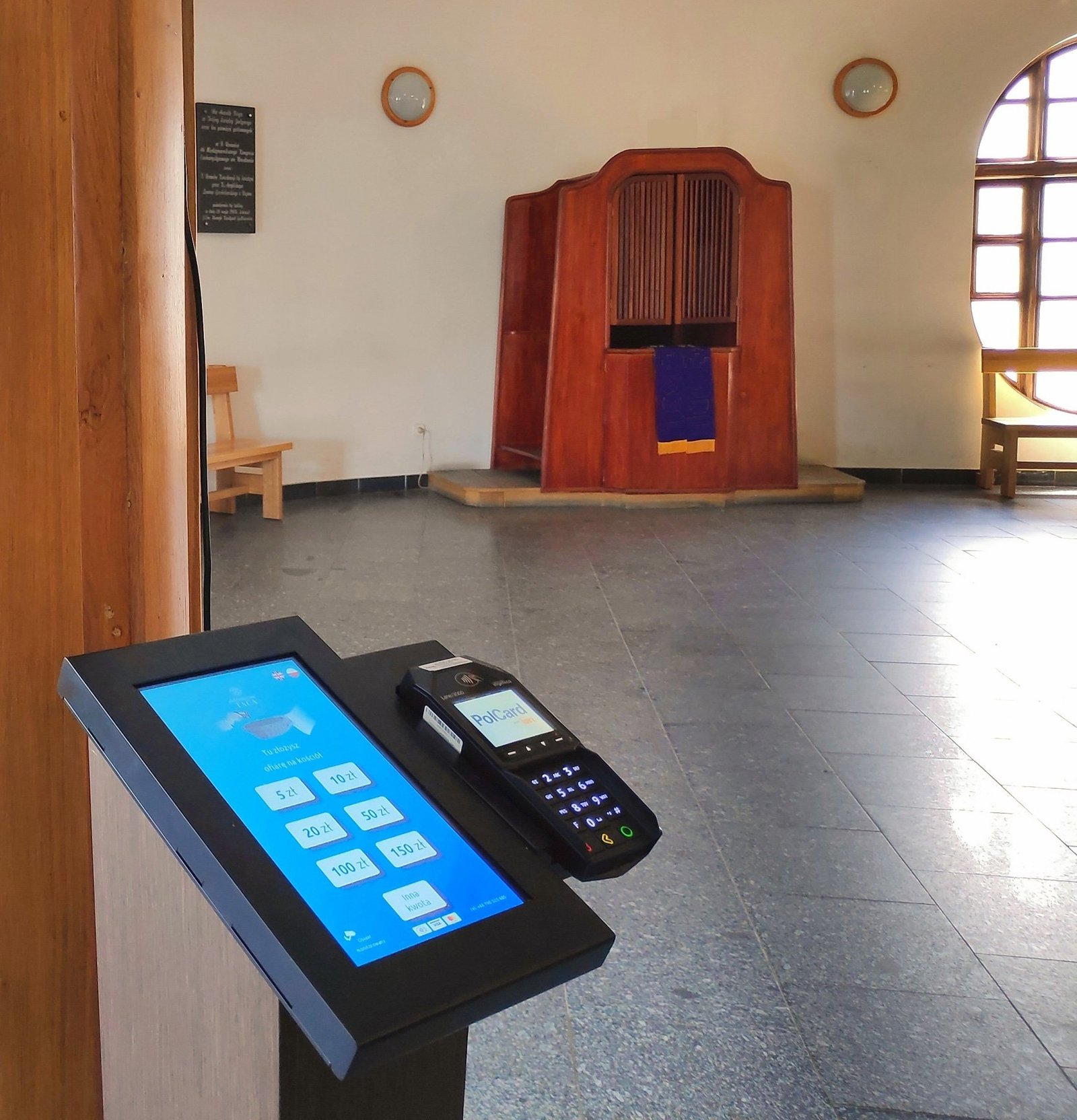 Touchscreen Kiosk in Sanctuary Gathering Hall